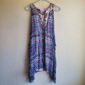 Free People Sequin Trim Boho Scarf Dress Purple Blue Abstract Sleeveless Shift L